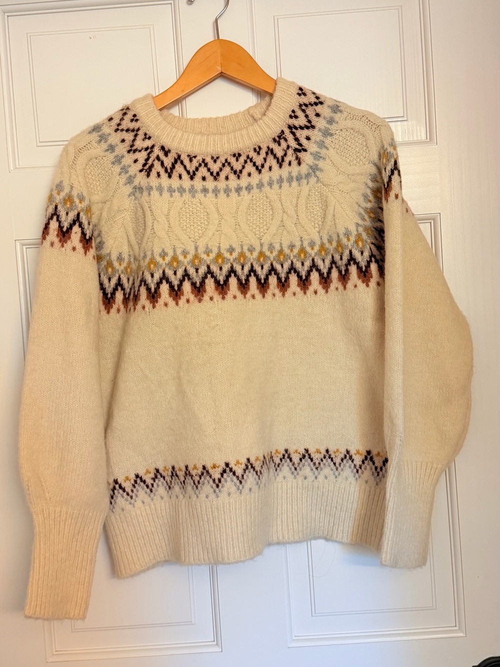 Aqua Cream Sweater with Brown and Blue Fair Isle Detail